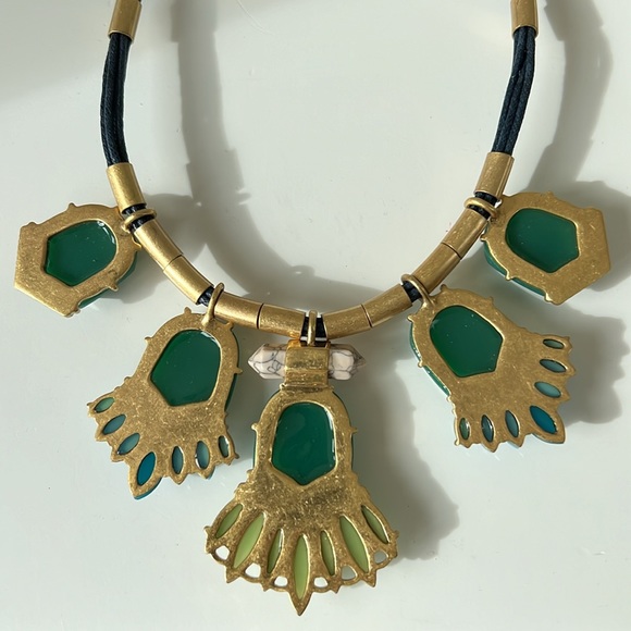 NWT J Crew Statement Green Blue Brass Golden Rhinestone Faux? Leather Necklace - Picture 8 of 8